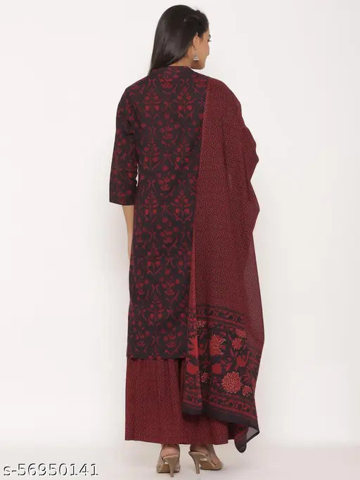 Red cotton floral print straight kurta and sharara with dupatta