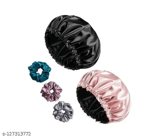Set of 2 butter satin adjustable hair bonnets, peach and black, includes 3 free scrunchies