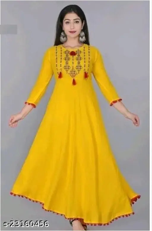 Rayon embroidered straight kurti, Radhika design, three-quarter sleeves. Indian women's fashion