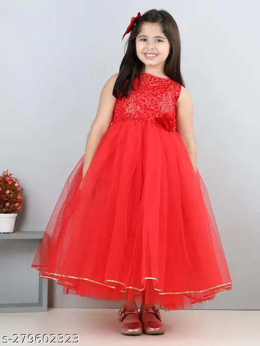 Red sequined net gown for kids party wear, embellished bodice, sleeveless, India origin