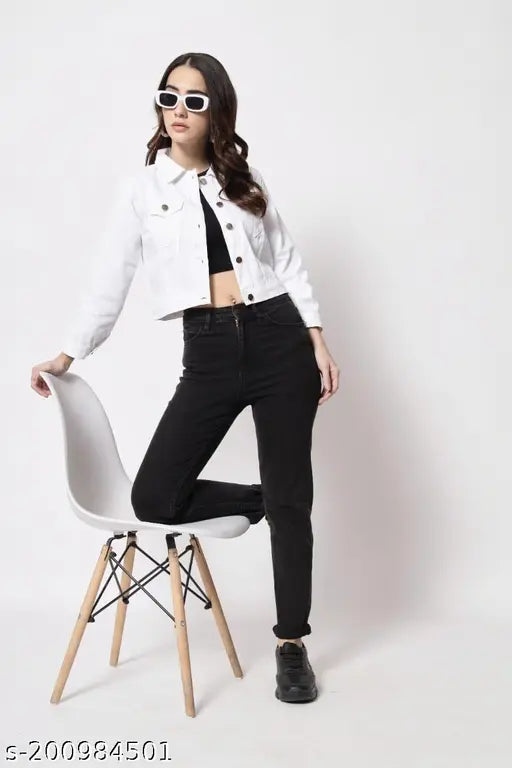 White cotton denim full sleeve jacket, trendy Martin classy design for women and ladies