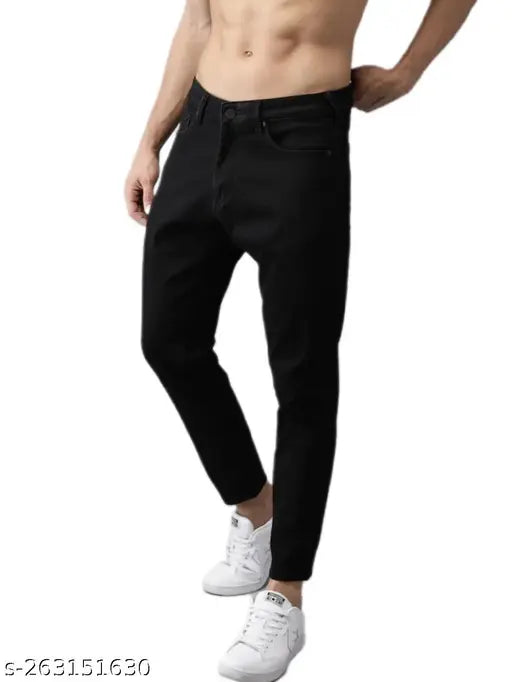 Black polycotton stretchable jeans for men's slim fit ankle length, perfect for daily wear and various occasions. Stretchable fabric with anti-corrosive buttons. Made in India