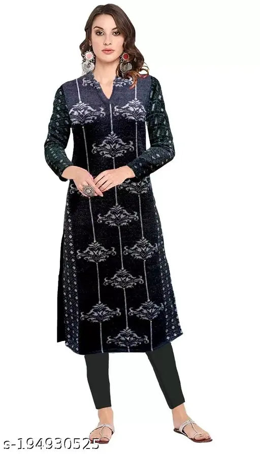 Woolen printed kameez winter season, black and blue embroidery