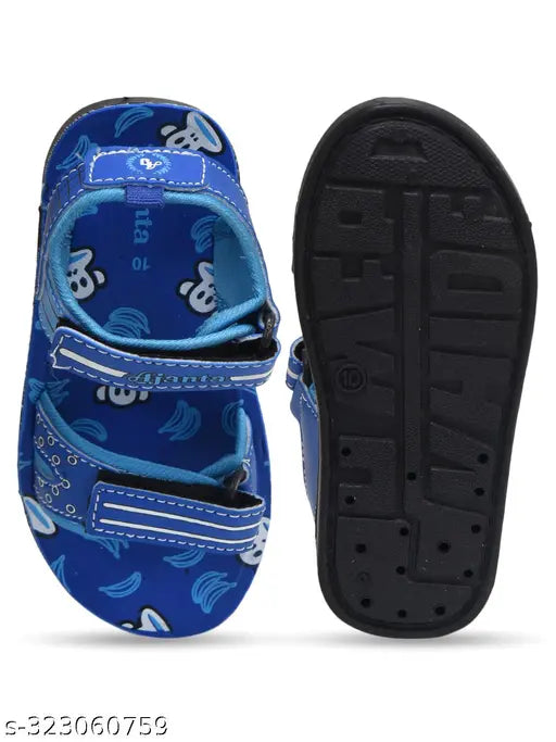 Black, black strap and velcro closure with blue print design kids sandal AA0051