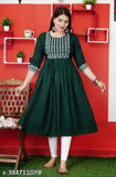 A dark green long-sleeved embellished dress with a flared skirt and buttoned front