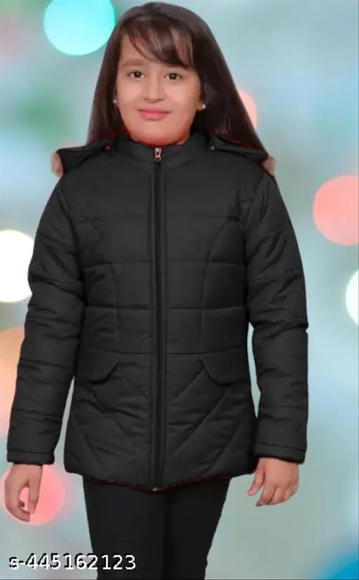 Little girl in black coat with zipper, smiling