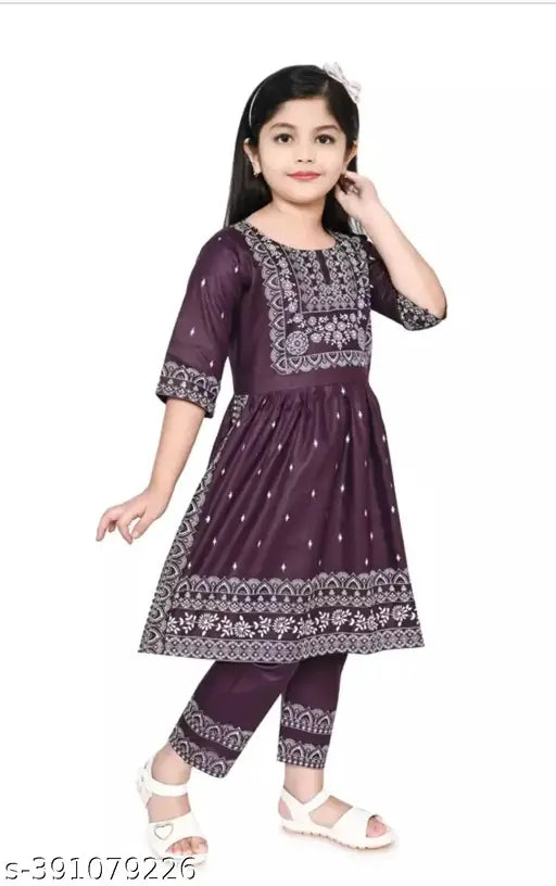 Printed nayra set for kids girls, Leone cotton A-line dhoti pants with three-quarter sleeves, various sizes available from 0-1 years to 10-11 years