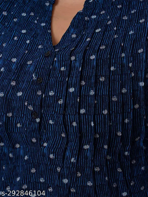 Blue print, rayon, longline top - Women Plus Size, 9 Impression, Mandarin collar, pintuck detail