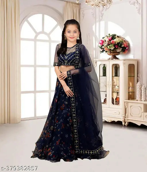 Art Silk printed floral lehenga choli for girls aged 5-13, Indian ethnic wear on model with organza dupatta and short sleeves
