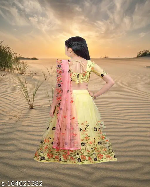 Embroidered flower girls Lehenga Choli set (net fabric), semi-stitched, free size, compatible with 3-15 years