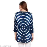 Navy blue and white tie-dye rayon tunic, three-quarter sleeves for women's fashion. Dyed/washed Indian import