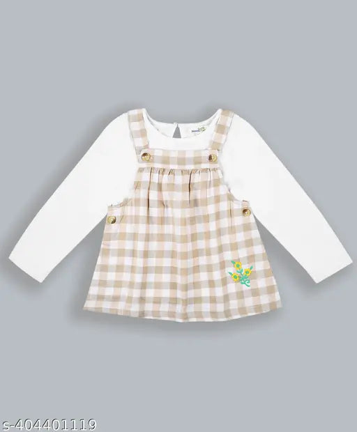 Light brown checkered dungaree with full-sleeve cotton t-shirt: durable, breathable, and comfortable kid's playwear from India