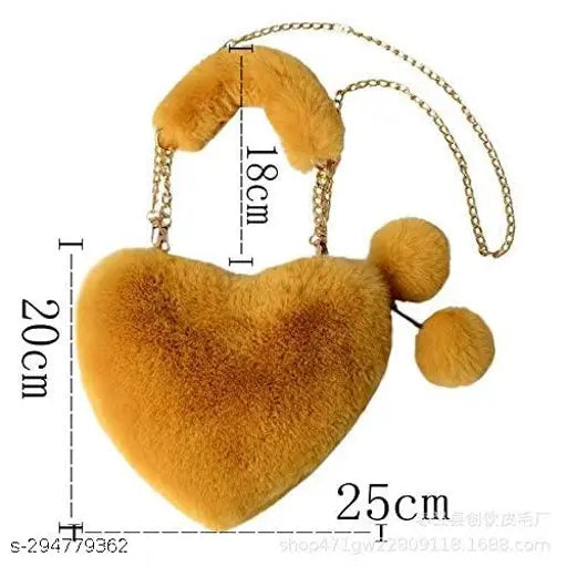 Yellow plush heart-shaped crossbody bag with chain strap and pom pom balls, fluffy shoulder bag for women ladies