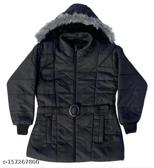 Black coat with fur trim and belted waist