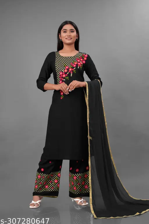 Black Rayon Kurta & Palazzos Set, A-line fit, embroidered floral pattern, three-quarter sleeves, ideal for daily wear
