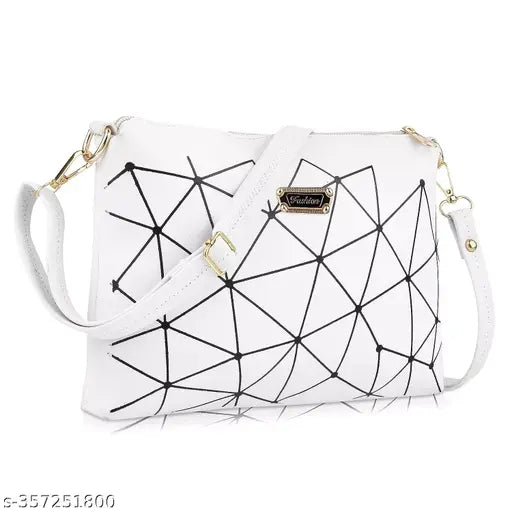 White sling bag with black geometric design, zip closure