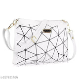 White sling bag with black geometric design, zip closure