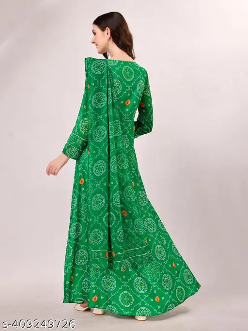 Green cotton blend Anarkali kurti set (no bottom) with bandhej print & dupatta in Georgette fabric