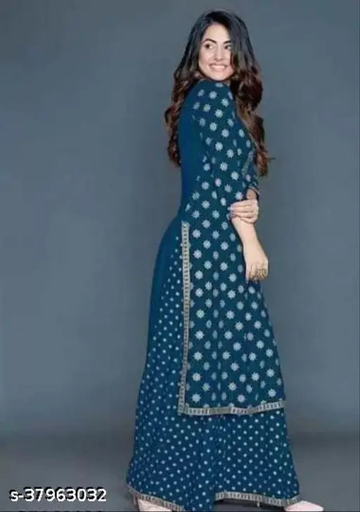 Rayon Chitrarekha Superior Women's Kurta Set with Palazzos, printed net, three-quarter sleeves, single size available. Classic and trendy ethnic fashion from India