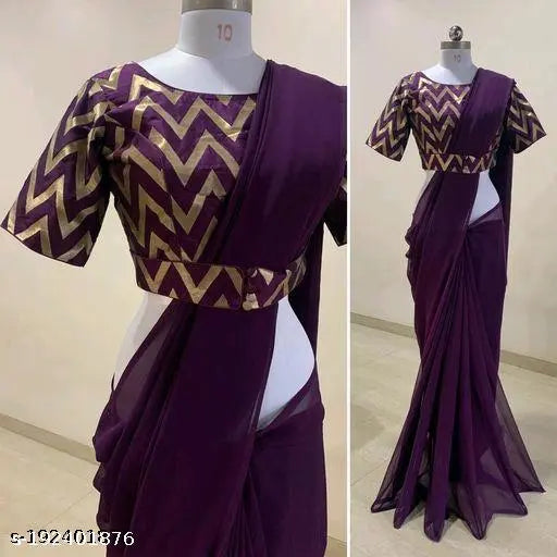 Purple saree with silver chevron design, sleeveless blouse, 6 yards in length