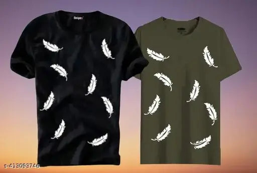 Mens round neck cotton t-shirt H/S, short sleeve, printed design, 2 pack, size S (36" chest, 26" length), made in India