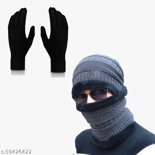 Grey wool beanie cap with neck warmer and gloves, unisex