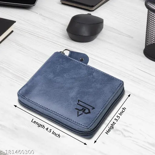 Blue faux leather round zip wallet, modern men's design with 2 compartments and textured pattern. Made by luxury brand JnD in India
