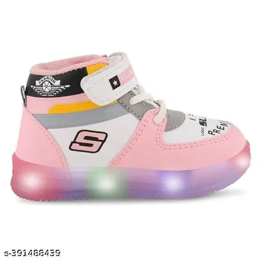 Red synthetic LED light shoes for kids, ideal for casual walking and running in various sizes (18-24 Months to 5 Years), India origin