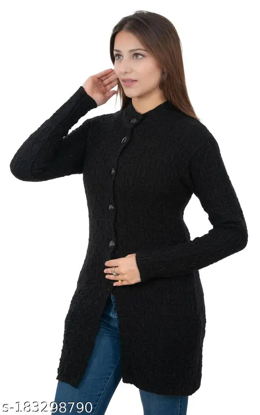 Warm and stylish acrylic wool cardigan for women with side pockets, embroidered net design. Ideal for pairing with jeans or leggings. Made in India