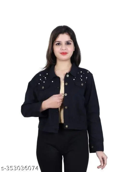 Solid denim collar jacket for women, long sleeve style, size L (bust 38in, length 21in), made in India