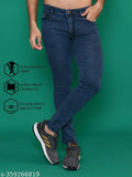 Stylish latest denim jeans, cotton-crafted mid rise for men, solid net pattern, size 30