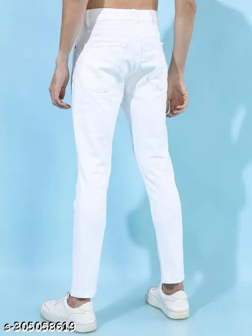 Men's solid denim white jeans, stylish and comfortable slim fit, mid-rise for men & boys. White color versatile for casual and partywear. Size options: 26 (waist 26in, length 39in), 28 (waist 28in, length 39in), 30 (waist 30in, length 39in), 32 (waist 32in, length 39in). Origin: India