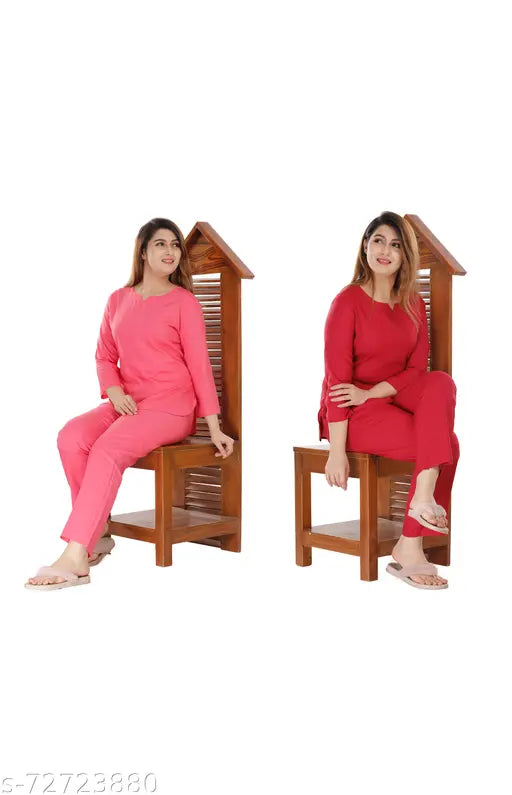 Rayon nightsuit combo by iraa wear, solid color design for sleepwear & loungewear with elastic waist & side pockets