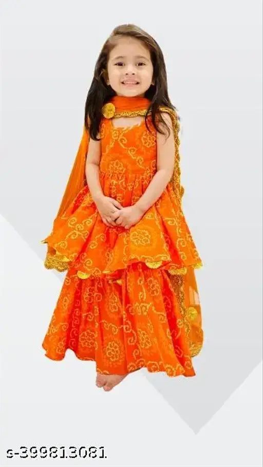 Orange rayon anarkali kurti set with sharara and dupatta for girls, featuring bandhej print design, sleeveless, knee-length
