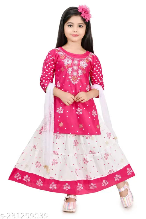 Cute rayon printed A-line kurti skirt set for kids with dupatta, three-quarter sleeves. Sizes: 3-4, 4-5, 5-6, 6-7, 7-8, 8-9, 9-10, 10-11. Indian-origin children's fashion