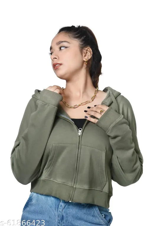Olive cotton zipper crop jacket, long sleeves, drop shoulder hoodie, casual style