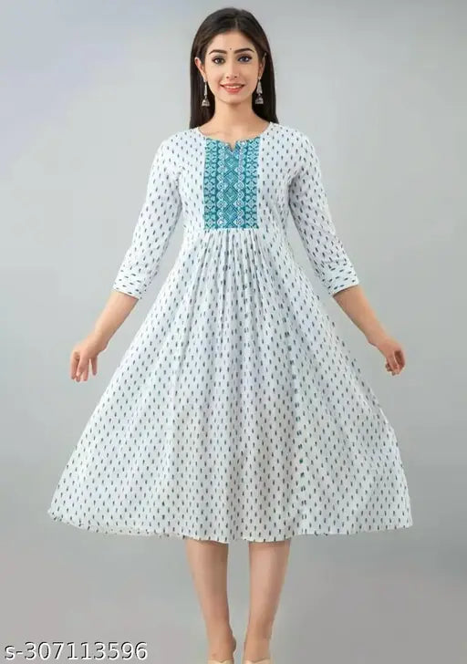 Rayon printed Anarkali kurta with embroidery, three-quarter sleeves, India-origin traditional women's dress for parties and weddings