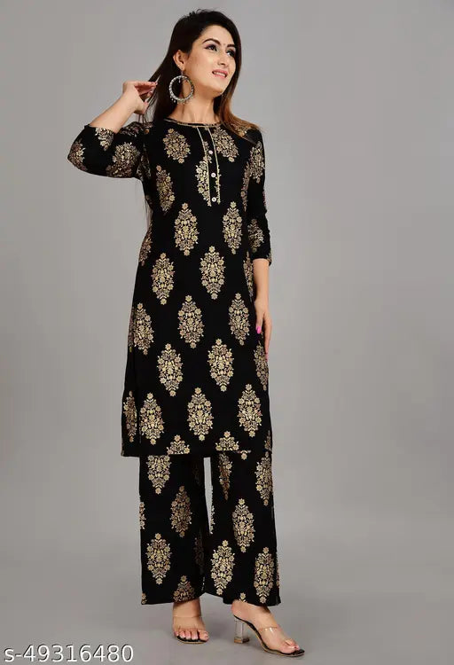 Rayon gold print stitched kurti set with palazzos, vibrant Indian festive wear