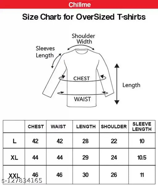 Size chart for oversized drop shoulder t-shirts, with a variety of sizes and options such as shoulder width, chest width, waist width, and sleeve length
