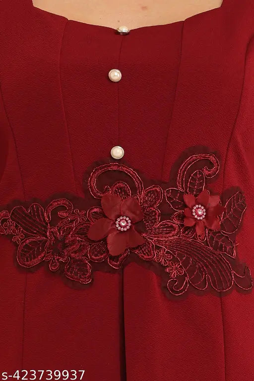 Maroon Lycra three-quarter sleeve top by Mizo Trends, featuring a solid design with a patch insert and button loops on the front panel. Made in India, size S (Bust 34in, Length 22in)