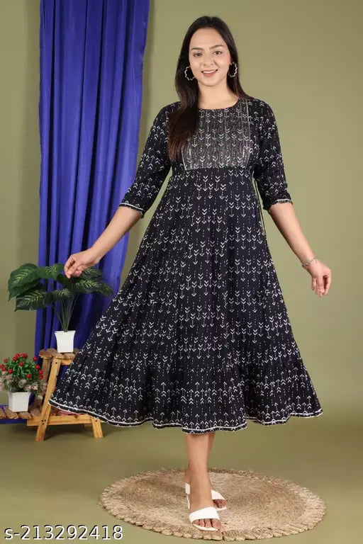 Arrow Black Umbrella Kurti, rayon, three-quarter sleeves, printed zari embroidery work on Iqra Fashion women's latest design