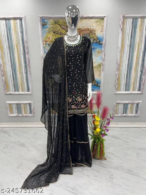 Dark, embroidered saree with dupatta set, formal wear look, party attire