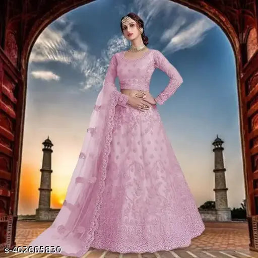 Pink embroidered semi-stitched lehenga with unstitched blouse and dupatta, featuring net fabrics and intricate embellishments. Indian bridal wear." (119 characters)