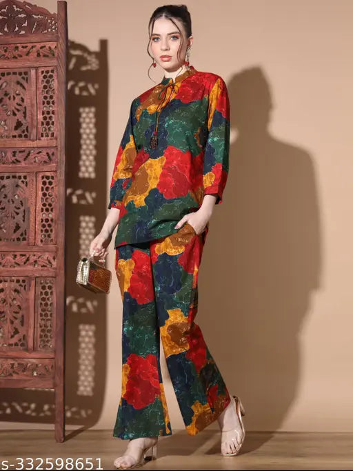 Camouflage print women's co-ord set, multicolor cotton with three-quarter sleeves, Indian origin