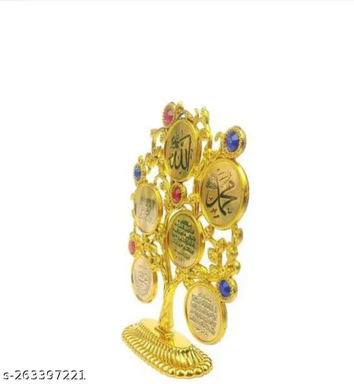 Gold plastic stand with tree shape and Islamic symbols, decorative wish tree for display