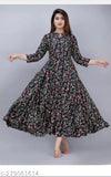 Anarkali black rayon gown, printed three-quarter sleeves, stylish festival wear for women and girls