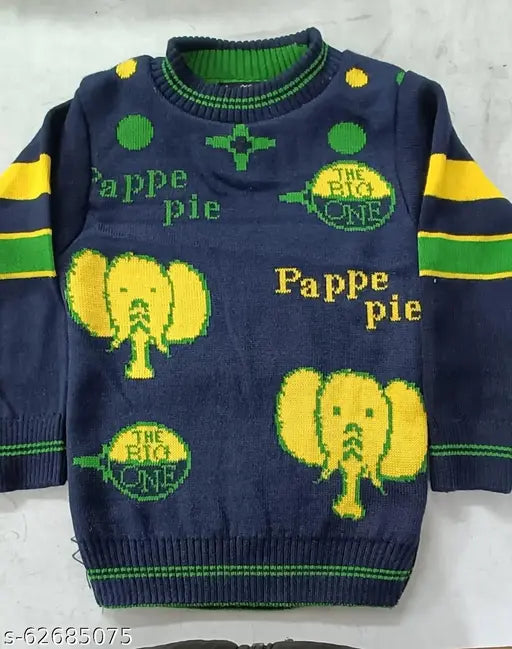 Acrylic elephant crew neck sweater with long sleeves and printed pattern for kids, size 3-4 years from India