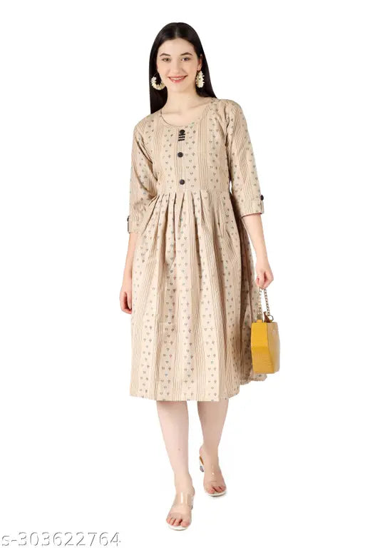 Cotton blend straight frock dress, three-quarter sleeves, printed combo - casual office wear from India