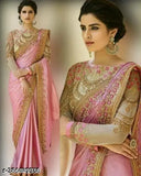 Vibrant pink vichitra silk saree with blouse, intricate embroidery work, ideal for festive occasions and weddings