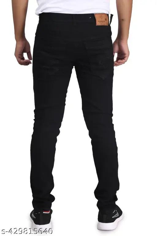 Black cotton blend denim jeans for men, slim fit party/festive wear, solid pattern